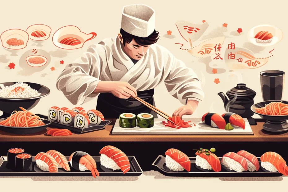 Japanese chef prepares sushi and sashimi